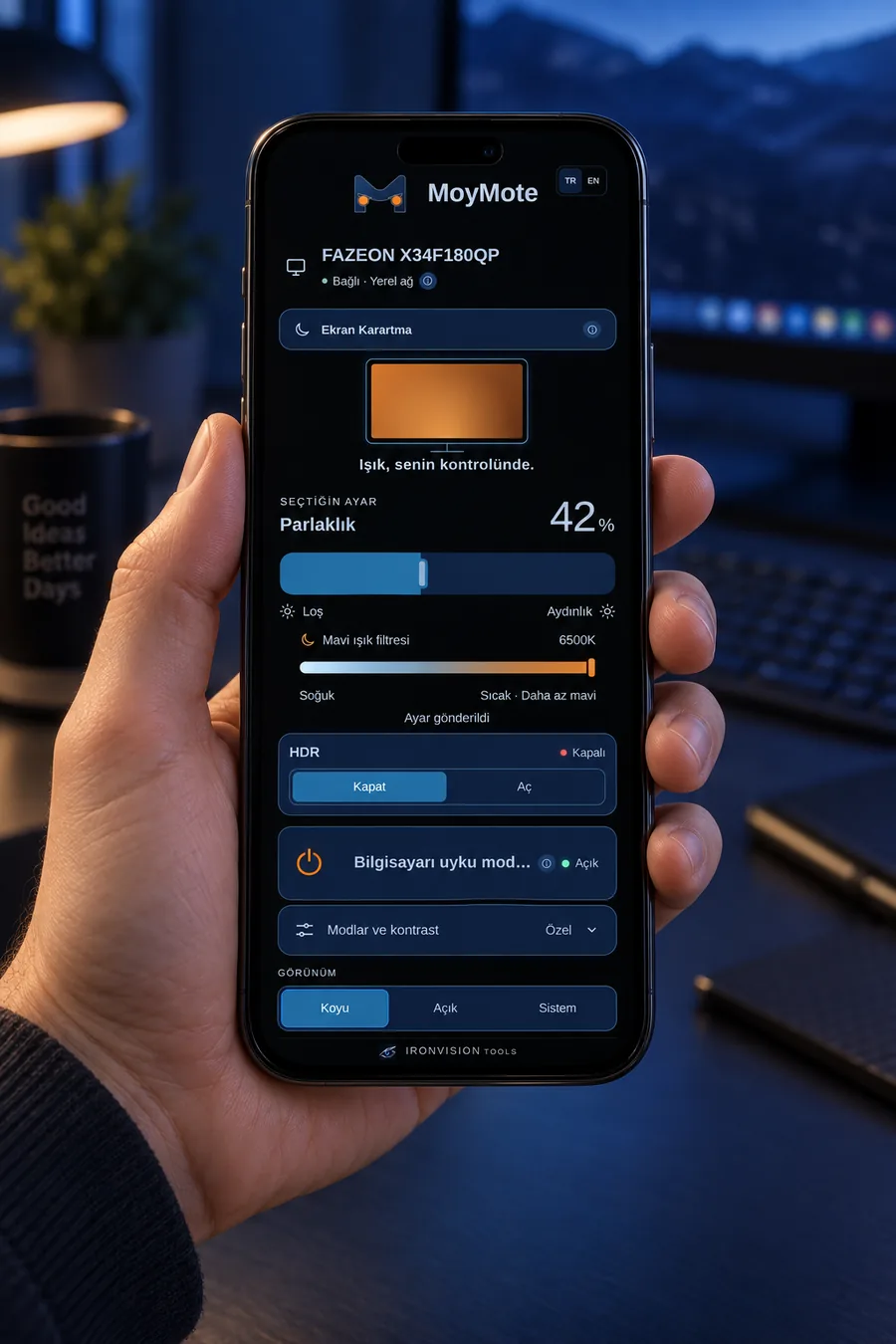 MoyMote running on a phone in dark appearance, held in hand, controlling the monitor's brightness, blue light, HDR, power and saved modes over the local network