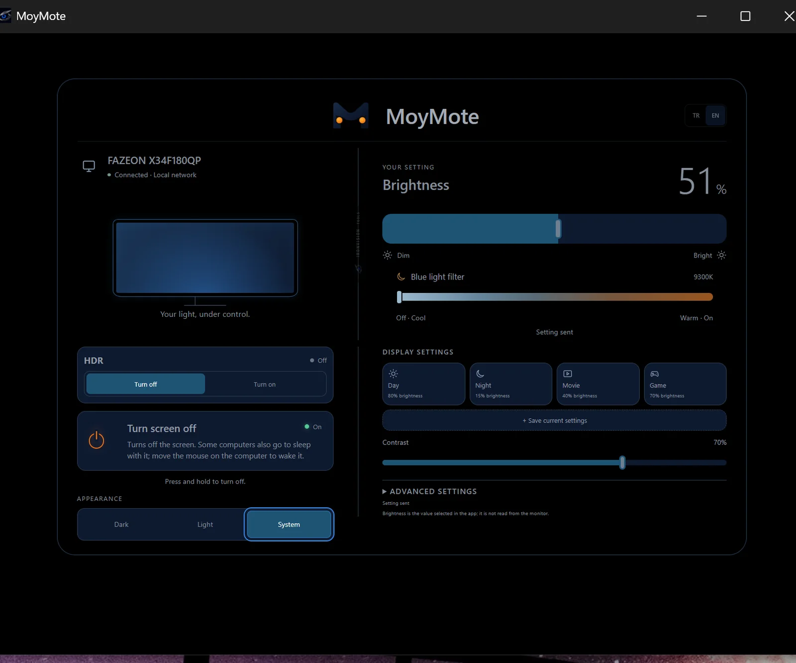 MoyMote desktop app on Windows, showing brightness, blue light filter and display mode controls for a FAZEON X34F180QP monitor
