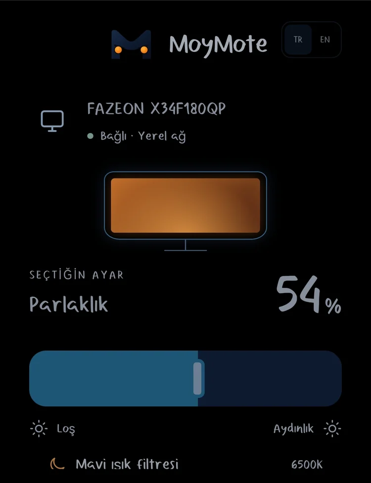MoyMote phone panel showing the monitor connected over the local network with a brightness slider